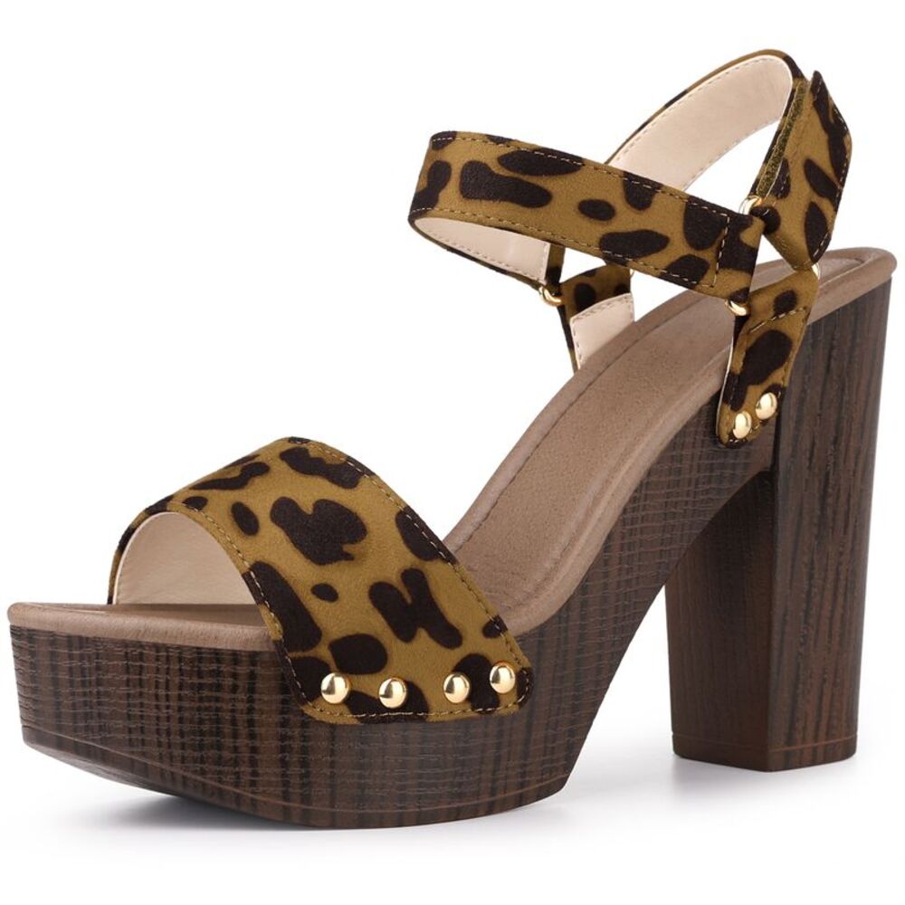 Round Toe Platform Slingback Chunky Heel Sandals Leopard